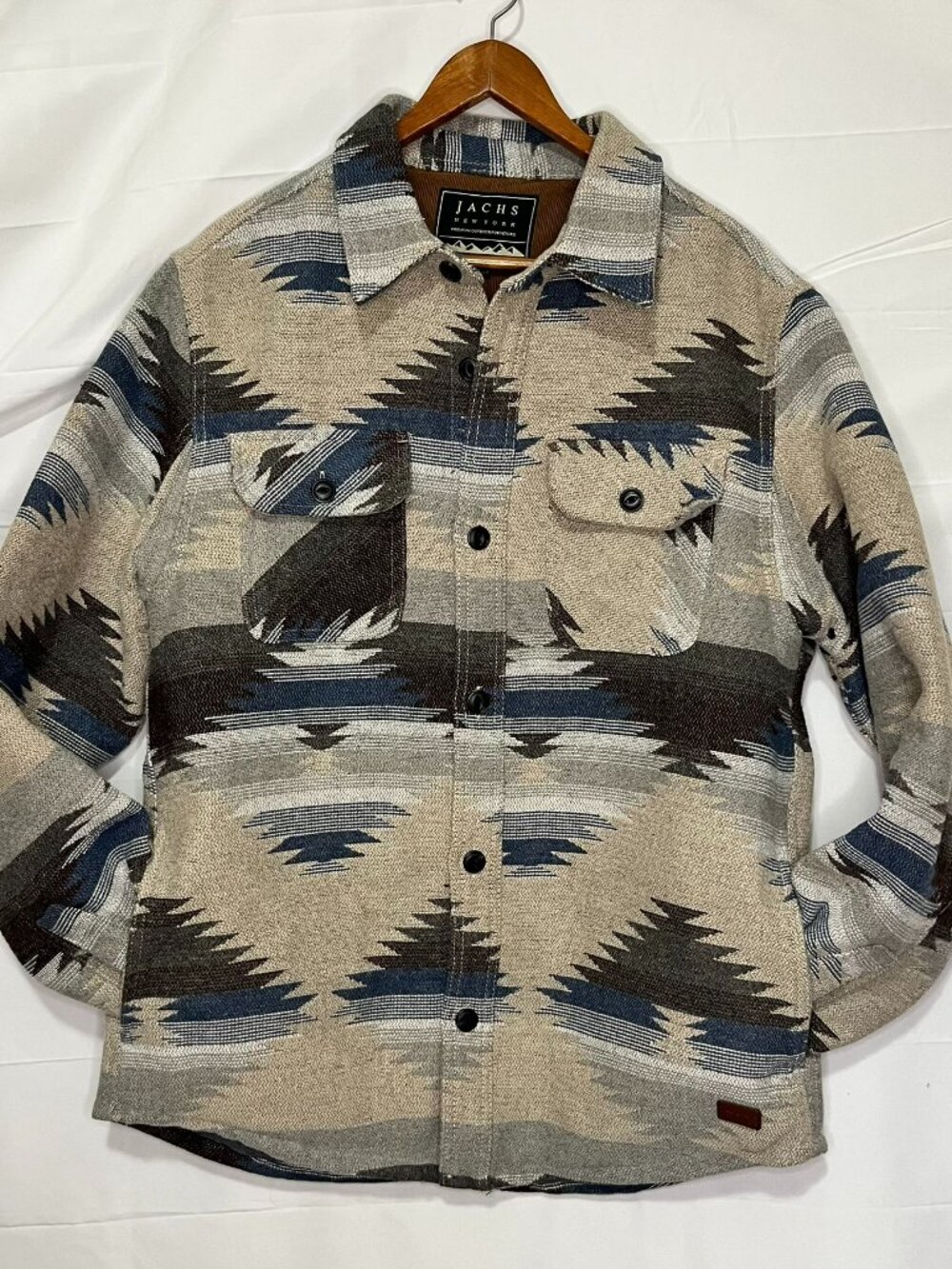 Jachs Men’s Patterned Wool Blend Shirt Jacket Fully Lined Blue Tan Aztec print M
